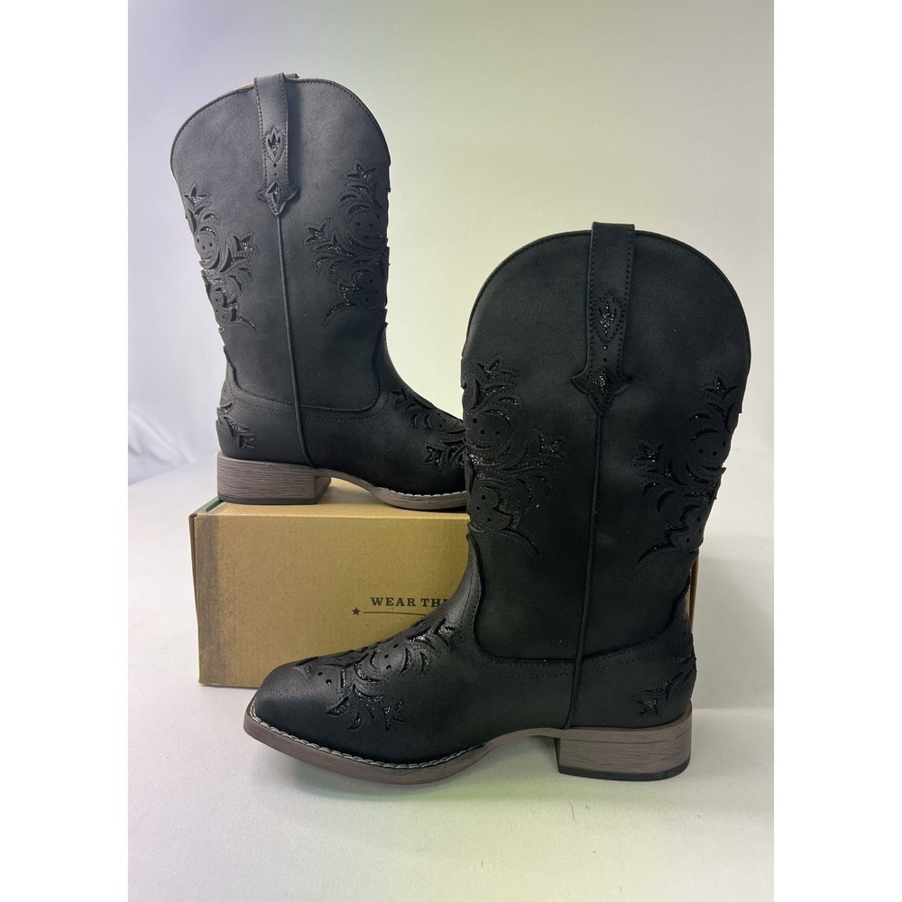 ROPER WOMEN'S KENNEDY BLACK WITH GLITTER INLAY WIDE SQUARE TOE COWBOY BOOTS Sz 9 - Picture 3 of 11